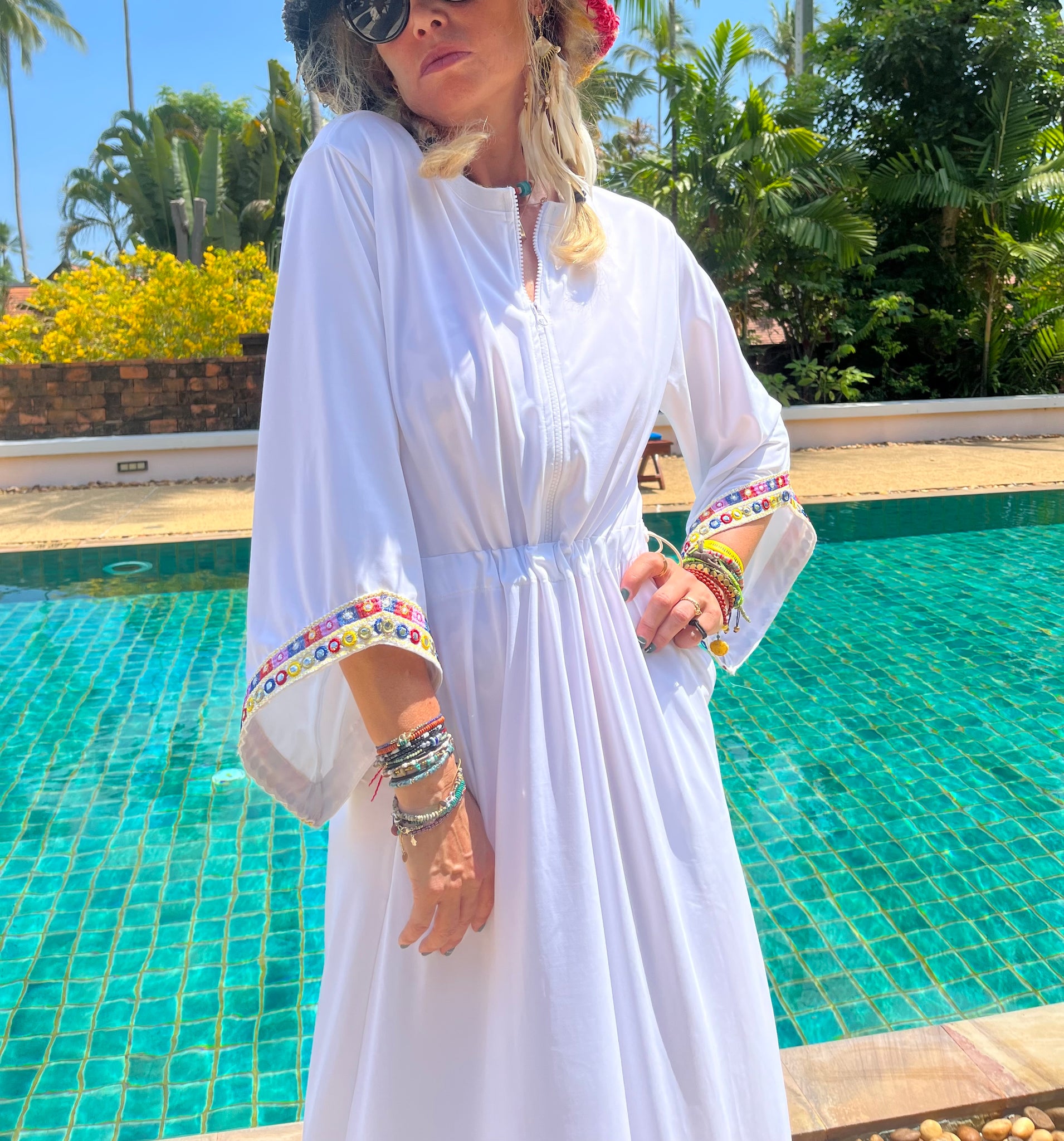 Swimwear dress Dr2302bs-Ethnic style - White short length
