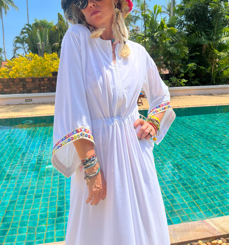 Swimwear dress Dr2302bs-Ethnic style - White short length