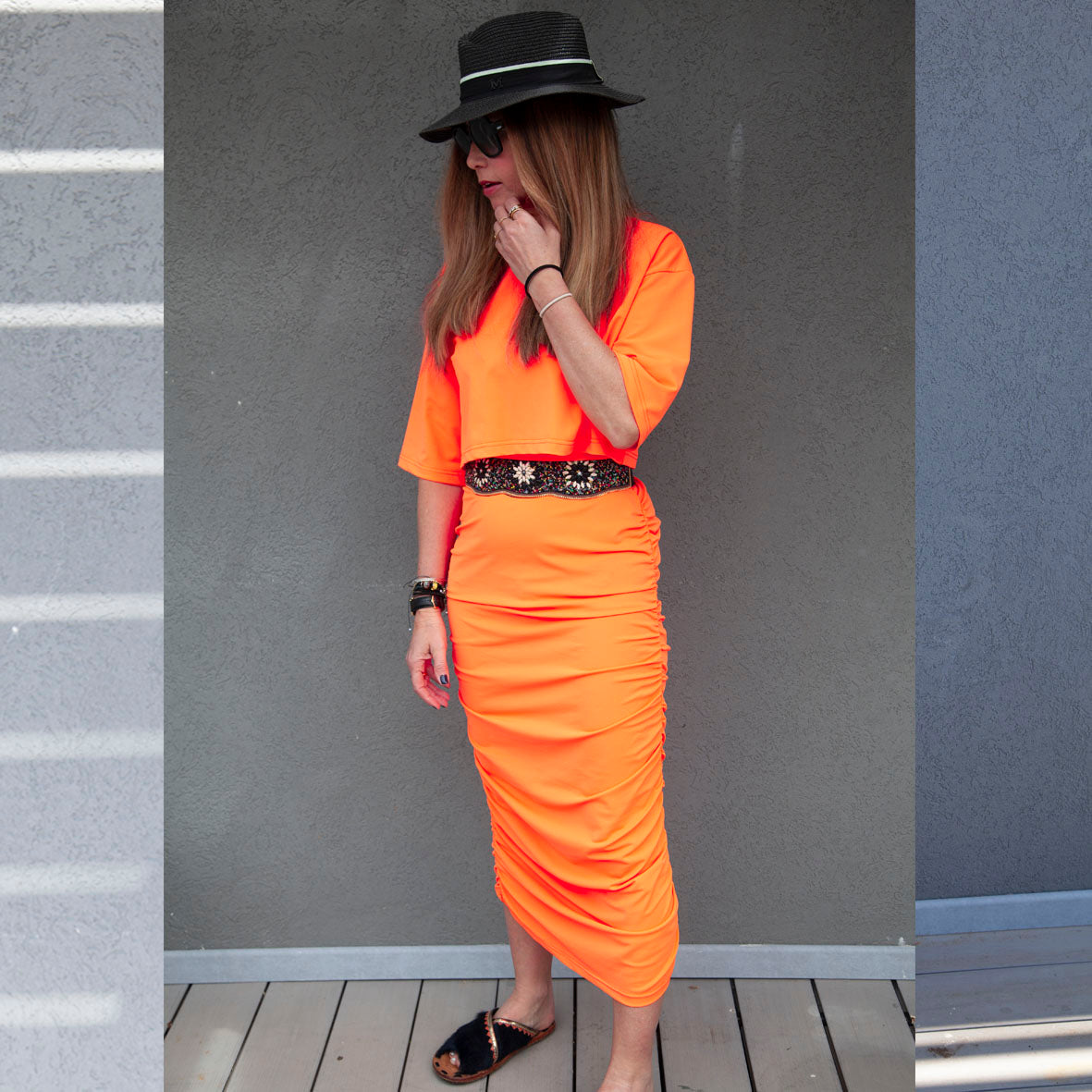 Swimsuit -Robe bretelles  D2201S  - Orange fluo - Longueur chevilles