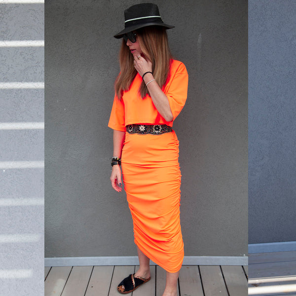 Swimsuit -Robe bretelles  D2201S  - Orange fluo - Longueur chevilles